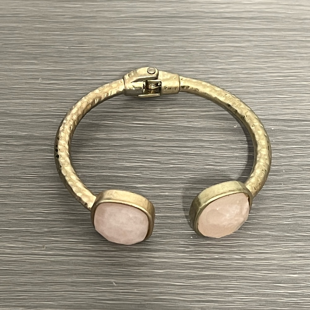 Vintage Gold Hinged Bangle Bracelet with Light Pink Gemstones, Boho - Picture 4 of 8